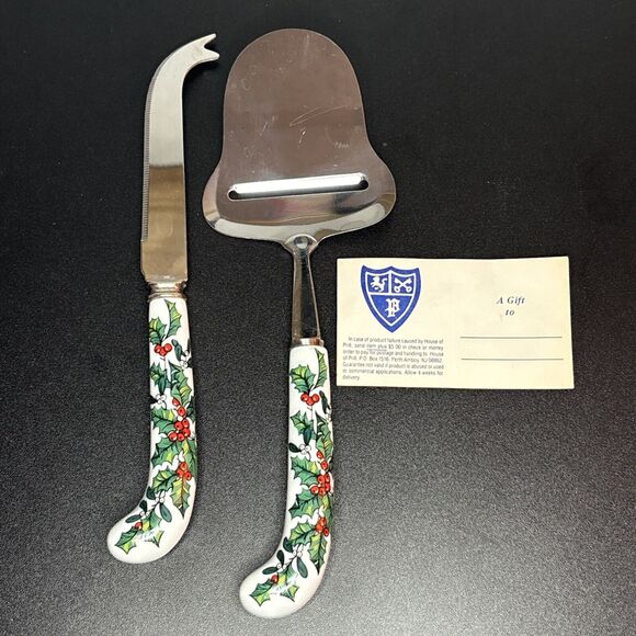 House of Prill Sheffield 2 Piece Cheese Set Knife Slicer England Christmas Holly - Picture 2 of 6